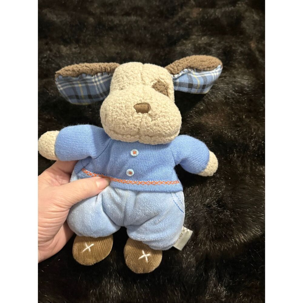 Vintage 2007 Carters Tan Blue Puppy Dog Doll Plush Rattle Baby Toy